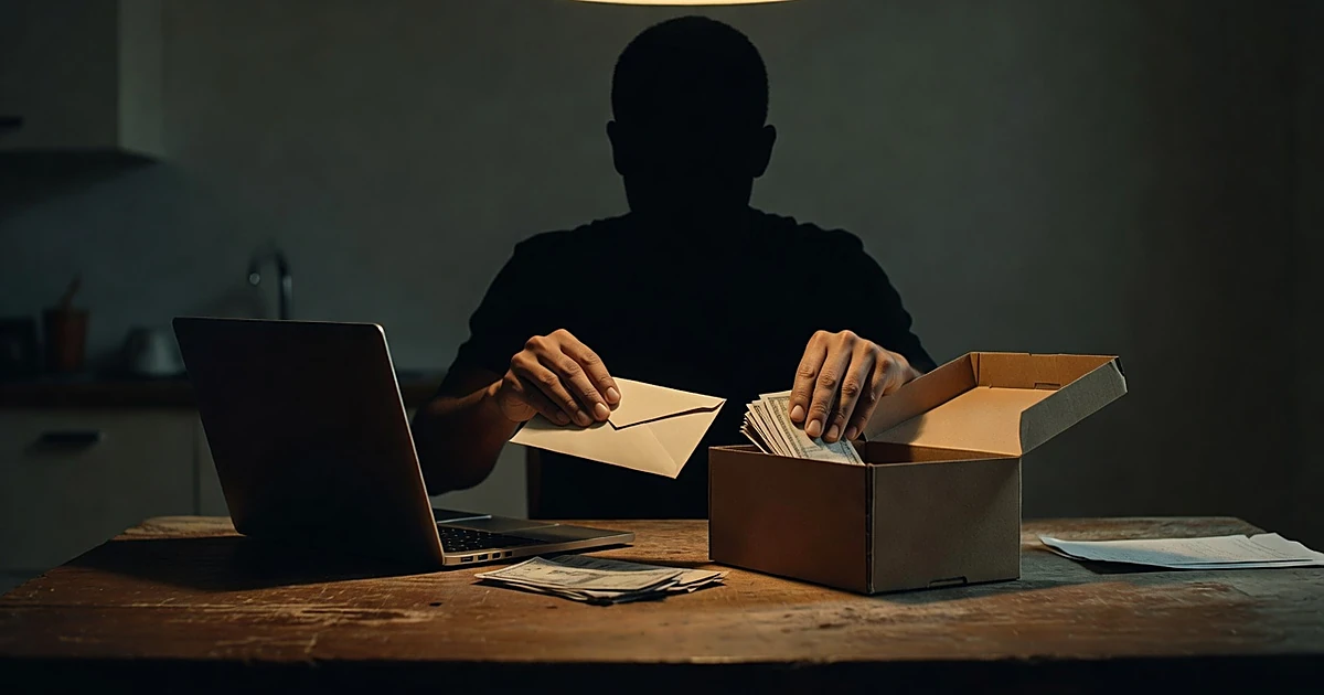 Silhouetted person at table moving cash from bank envelope to shoebox, laptop closed nearby in dim lighting