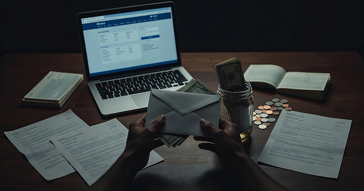 Hands placing cash from bank envelope into glass jar on kitchen table with laptop and banking documents