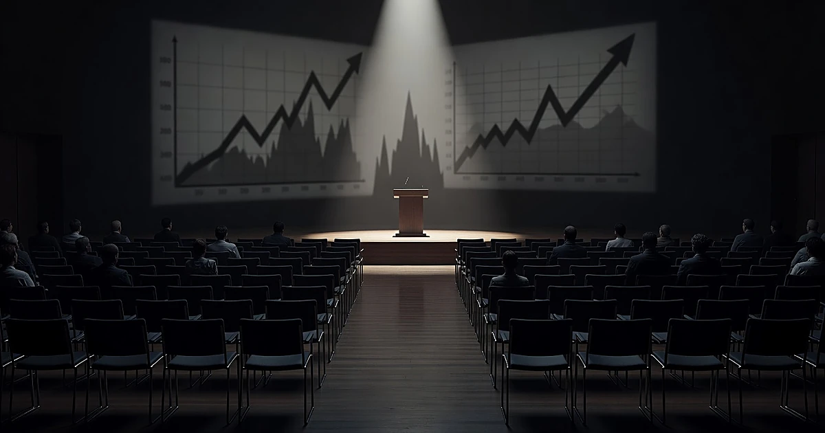 Empty press room with illuminated podium and projected financial chart shadows on wall behind vacant chairs