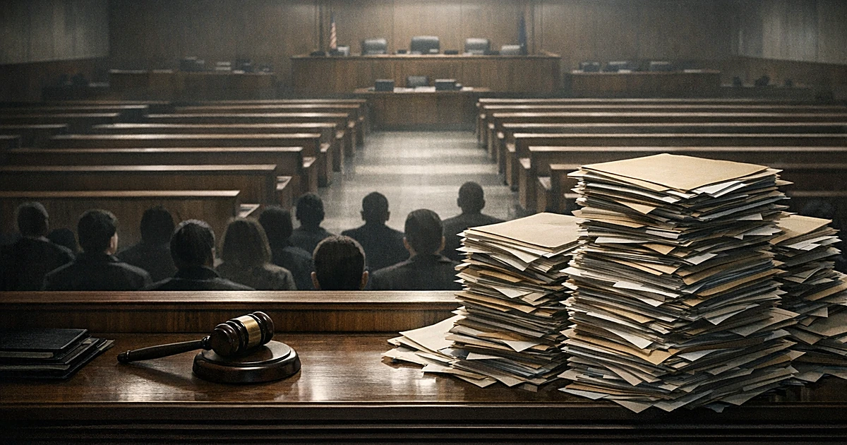 Empty courtroom with judge's gavel and massive stacks of case files, silhouettes waiting in gallery below