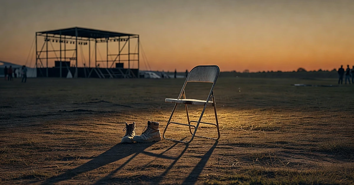 Empty folding chair and boots on grass before distant stage structure at dusk, symbolizing loss at outdoor rally