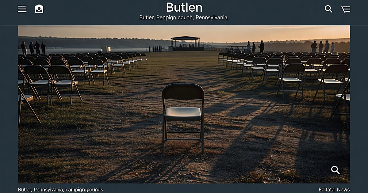 Empty folding chair among rows of vacant seats at dusk on grass field with long shadows and orange sunset light
