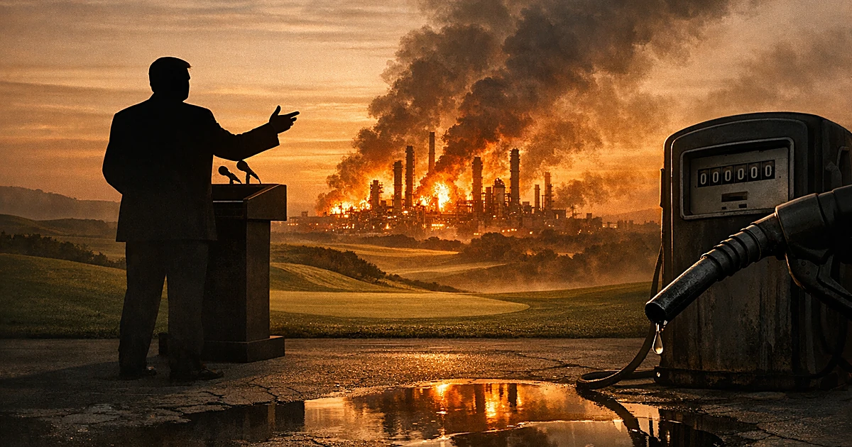 Silhouette at podium on golf course with smoking refineries in distance and gas pump showing high prices in foreground