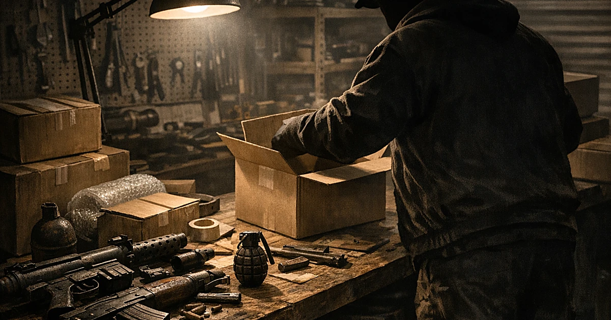 Silhouetted figure at workbench with vintage military collectibles and shipping materials in dim garage workshop
