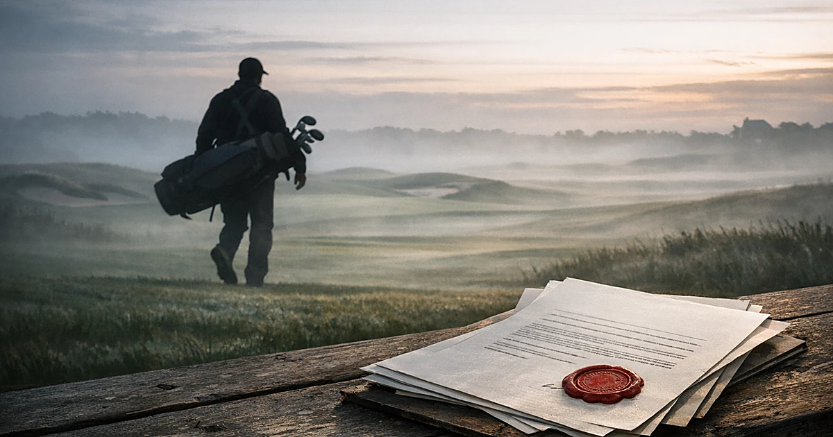 Silhouette of golf caddy with bag on course, with sealed pardon documents in foreground