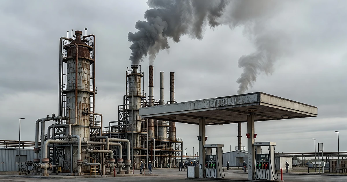 Diesel refinery towers with smoke plumes behind a gas station, illustrating energy production and fuel costs