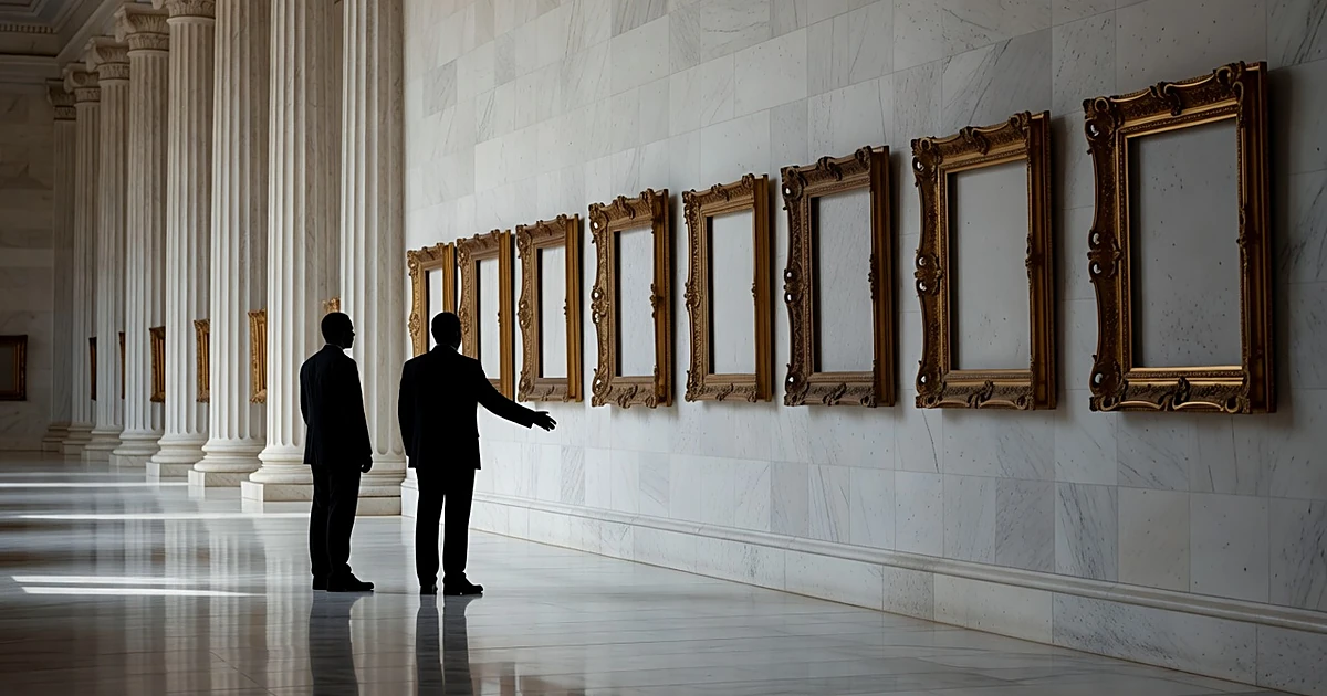 Silhouettes of two figures in colonnade viewing wall of portrait frames with one empty space