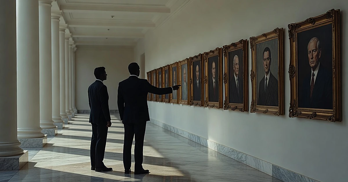 Two silhouetted figures in suits viewing presidential portrait frames in a white colonnade with classical columns