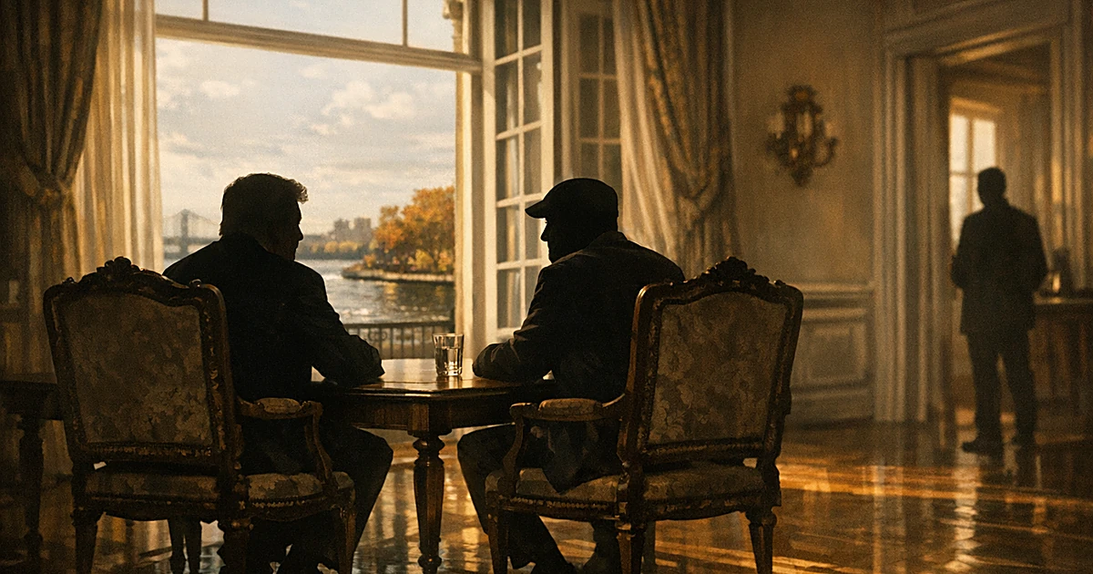 Two silhouetted figures seated across from each other in an elegant mansion room with river views outside windows