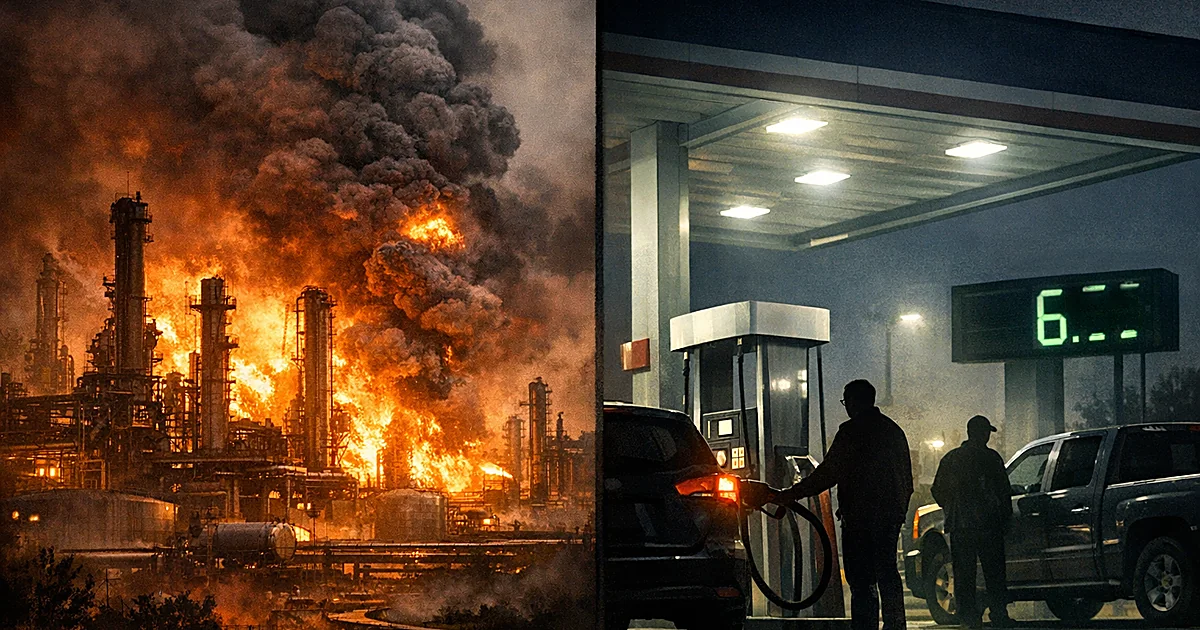 Burning refinery with smoke beside gas station pump showing high diesel prices with silhouetted customers