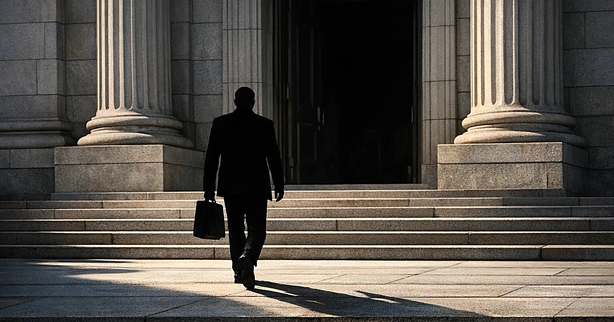 Silhouetted person walking away from government building entrance carrying briefcase, casting long shadow on steps