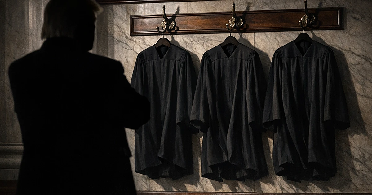 Three empty judicial robes hanging on wall with silhouetted figure viewing them from behind in dramatic lighting