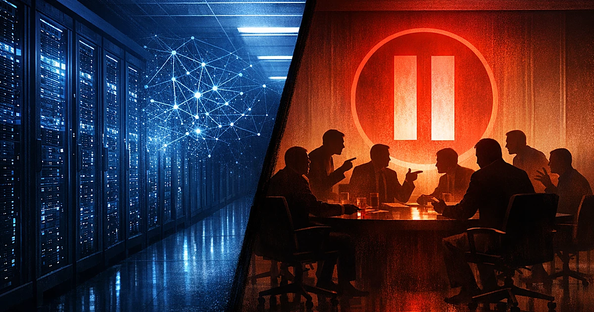 Split scene of illuminated data center servers contrasted with silhouetted executives in tense boardroom discussion