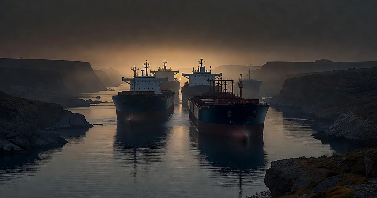Silhouettes of cargo ships in narrow strait between rocky coastlines at dusk