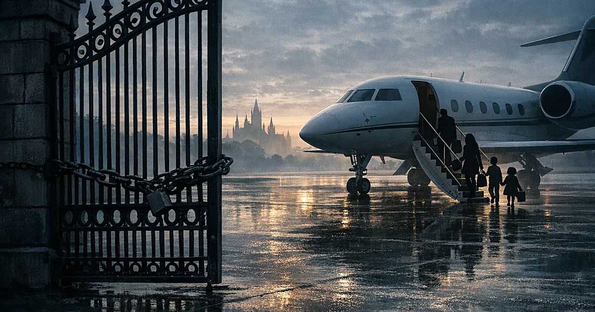 Silhouettes boarding private jet while closed estate gates stand in foreground with palace spires in misty background