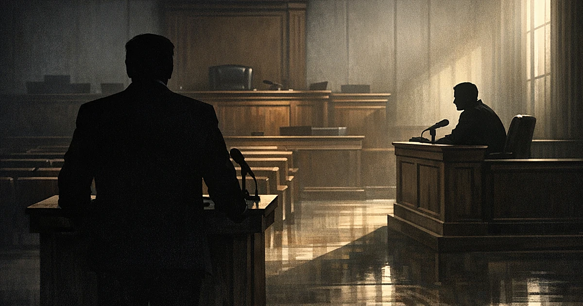 Silhouetted figure at podium facing empty courtroom with another silhouette in witness box, dramatic side lighting