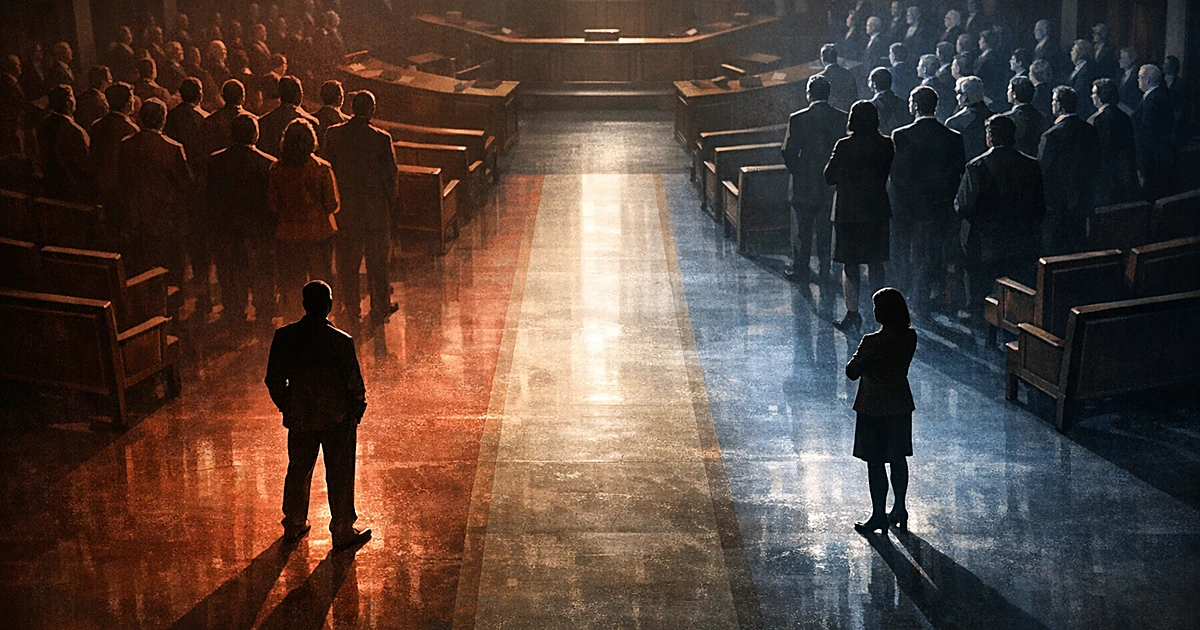 Two silhouettes separated from their group in a divided legislative chamber with dramatic lighting