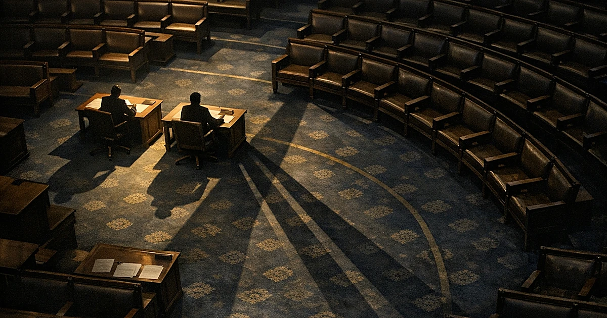Overhead view of legislative chamber with two spotlit desks casting shadows across the aisle toward opposite side