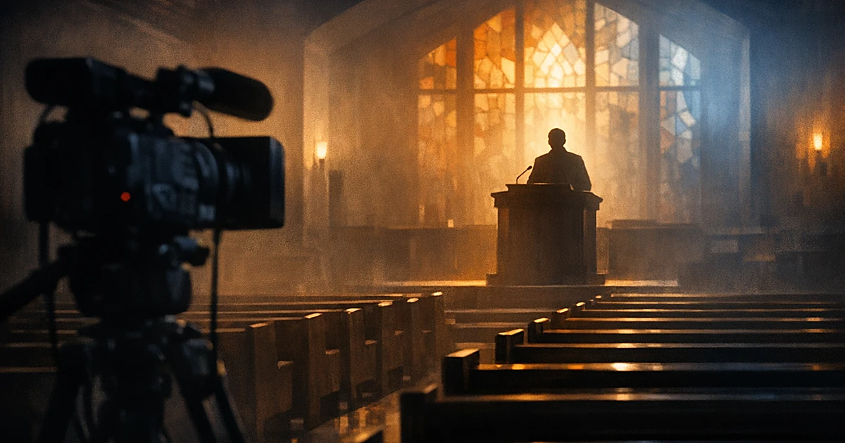 Silhouetted figure at church pulpit with video camera in foreground capturing footage in dimly lit sanctuary
