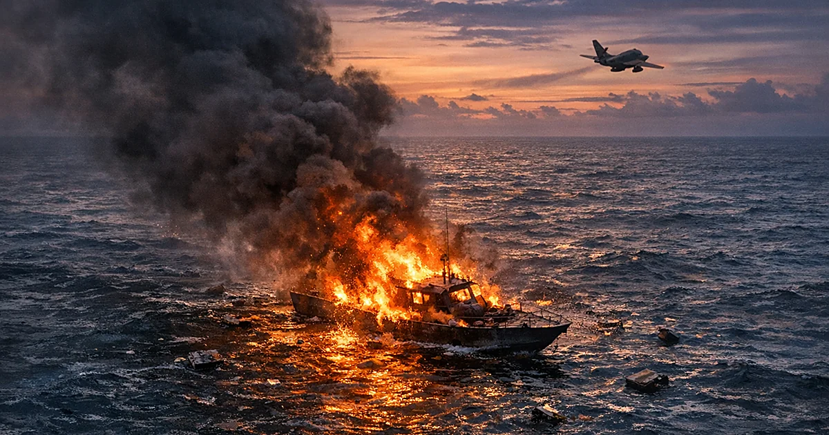 Aerial view of burning vessel on Caribbean waters with military aircraft silhouette in distant sky at dusk