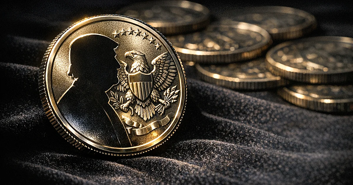 Commemorative dollar coin on velvet surface with dramatic lighting highlighting metallic details and engravings