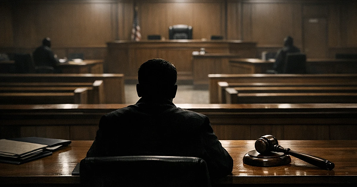 Courtroom interior with silhouetted defendant at table facing judge's bench with gavel in dramatic lighting