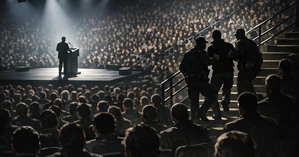 Silhouetted speaker at podium in spotlight as security escorts figure through crowded arena audience from behind