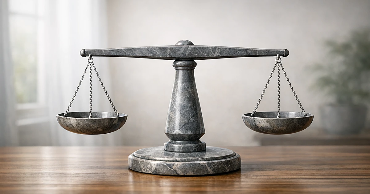 Abstract stone balance scale on wooden surface with natural window lighting