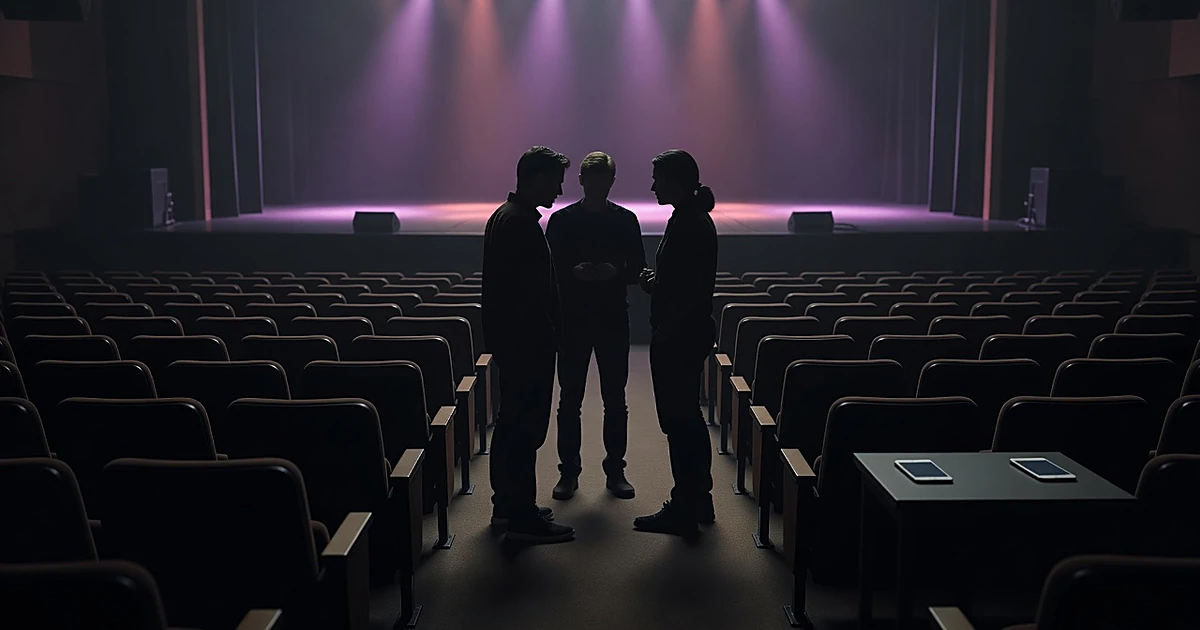 Silhouetted figures conversing in concert venue aisle with empty stage and purple lighting in background