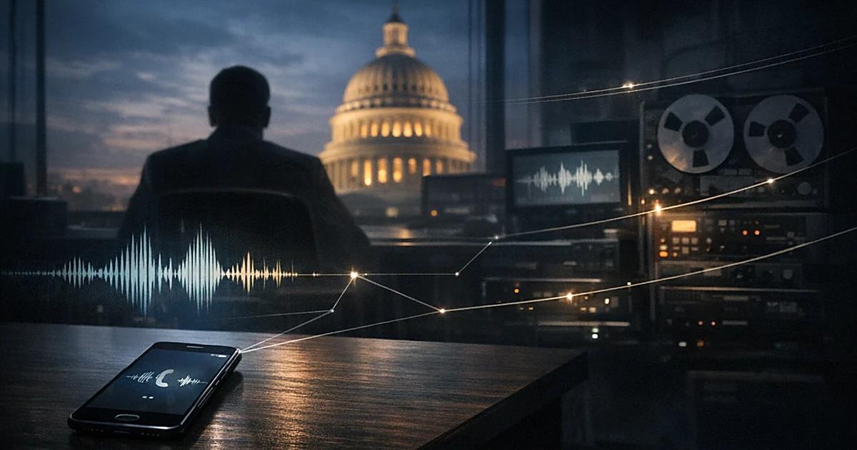 Silhouetted figure at desk with glowing phone showing call in progress, surveillance equipment visible, capitol dome in windo
