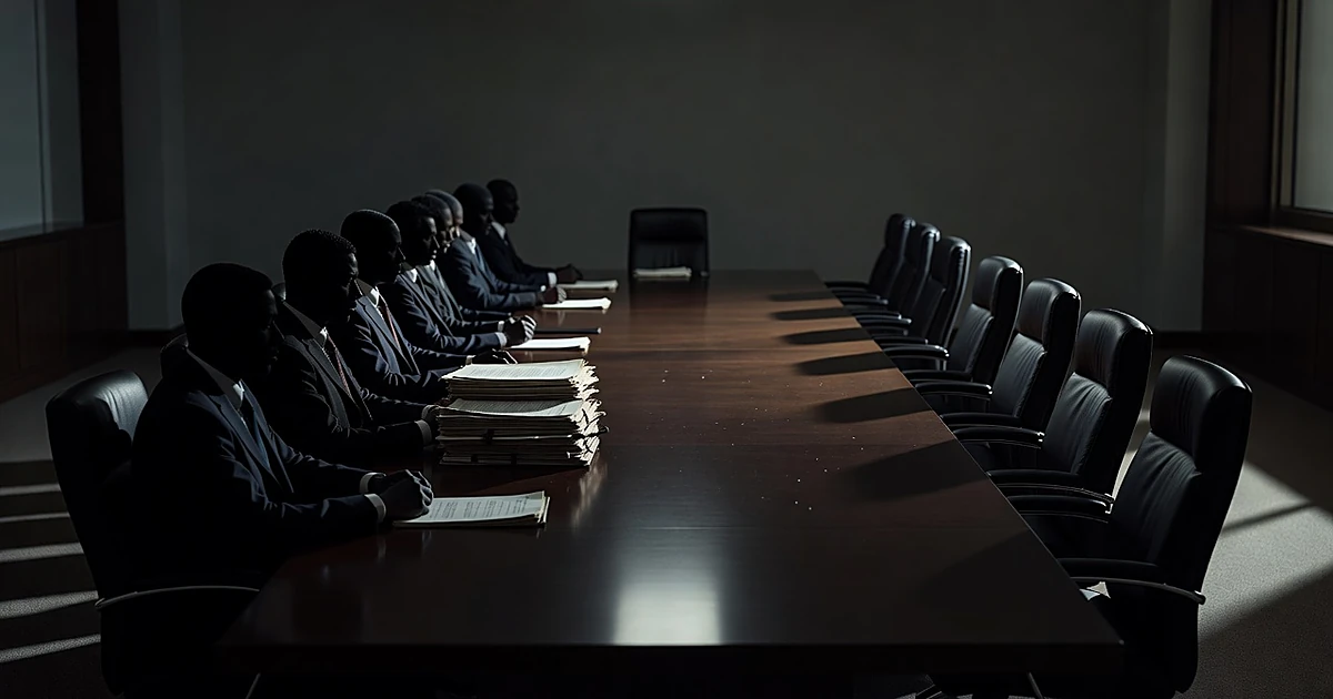 Silhouetted negotiators at opposite sides of table with stacked documents on one side, empty space on other