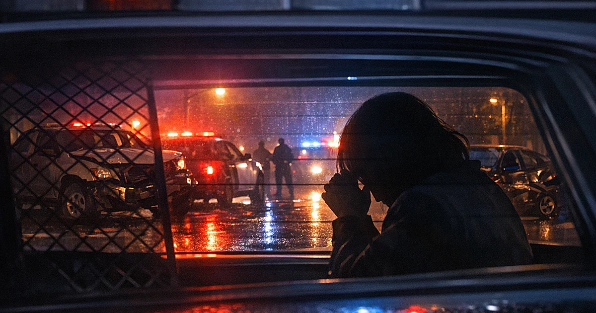 Silhouette of person in patrol car backseat at night with damaged vehicles and emergency lights on street
