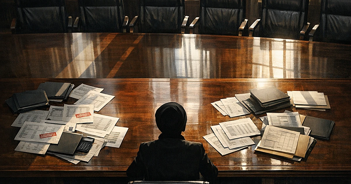 Overhead view of congressional table with financial documents and silhouetted figure facing empty chairs