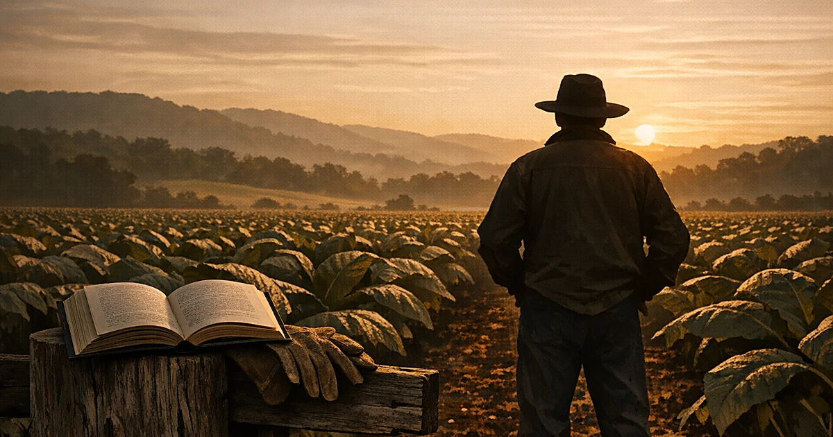 Silhouette of farmer in Kentucky field with book on fence post at sunset, rolling hills in background