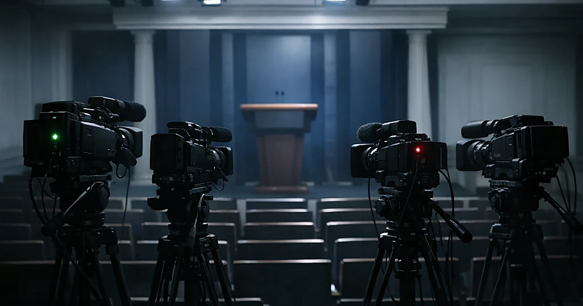 Empty television cameras on tripods facing vacant White House press briefing room podium with mixed lighting