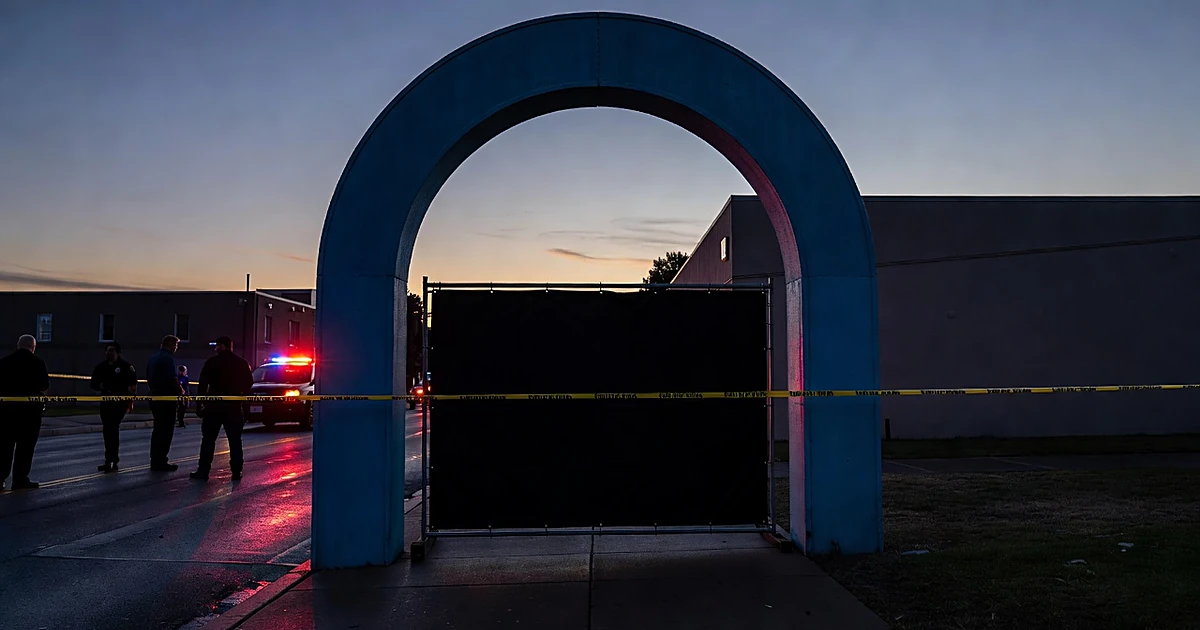 Blue archway with crime scene tape and black partition beneath it, emergency lights reflecting on street at dusk