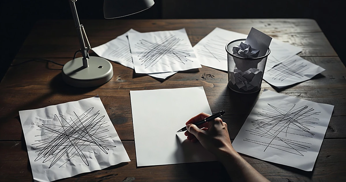 Document being erased and rewritten on desk with crumpled paper in waste basket under dramatic lamp light