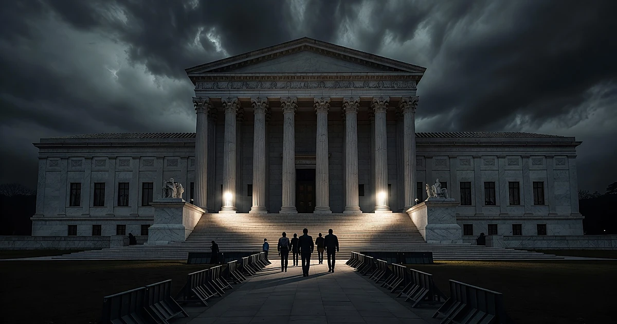 Shadowed courthouse with columns under dark sky, silhouetted figures approaching through security barriers