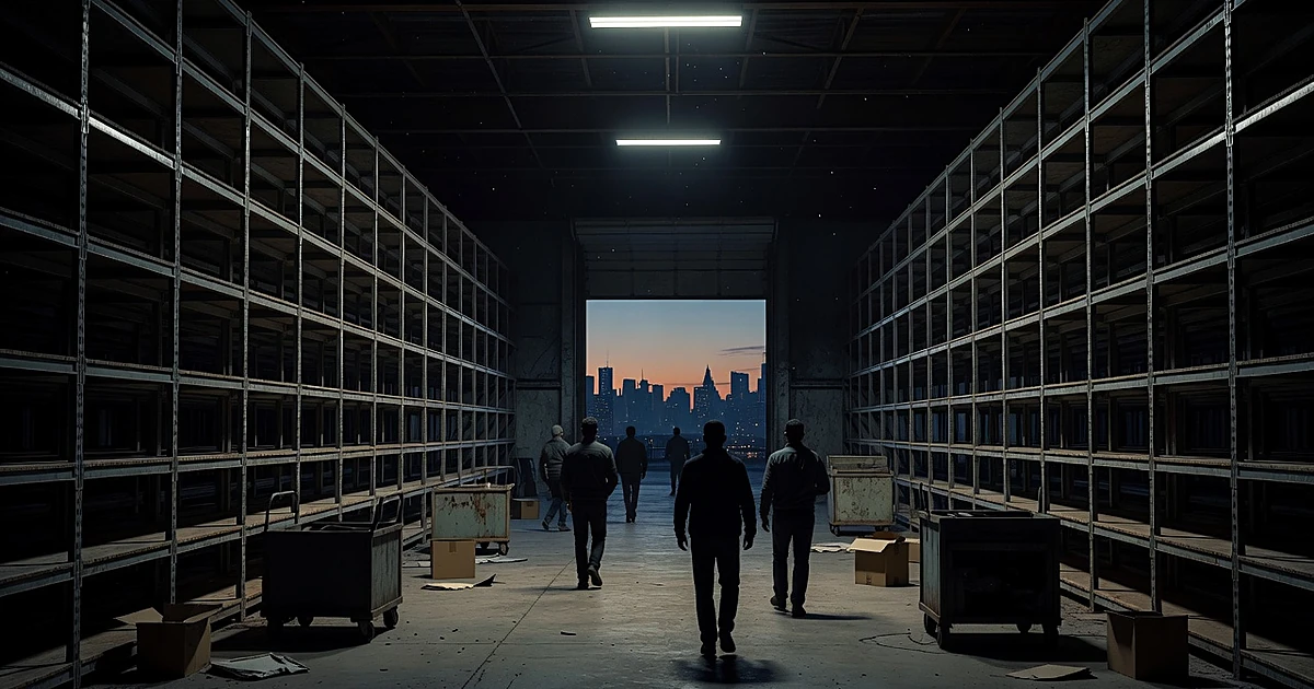 Empty warehouse with silhouetted workers walking toward loading dock, NYC skyline visible through open door