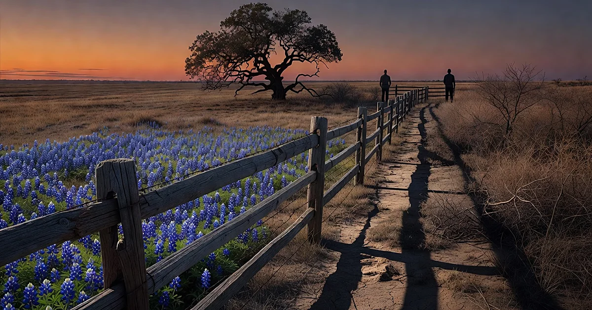 Split Texas prairie with fence dividing wildflowers from dry brush, two distant silhouettes on opposite sides at sunset