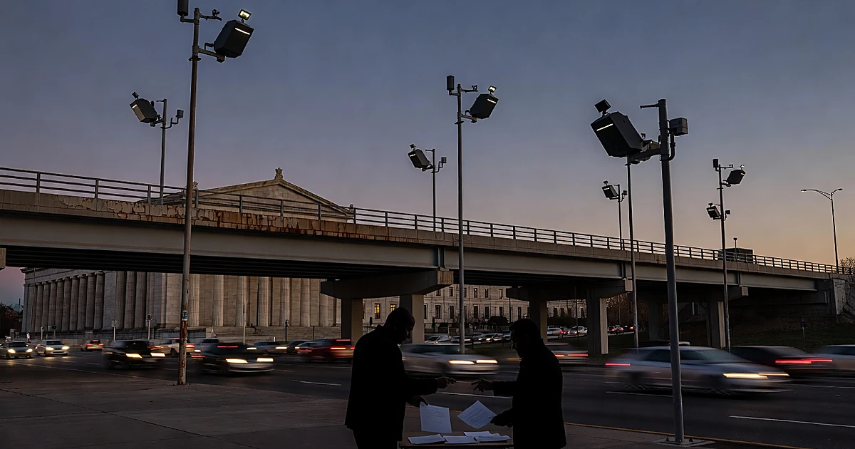 License plate readers on poles above highway with silhouetted figures near government building at dusk
