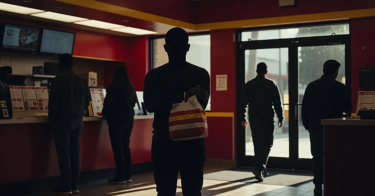 Silhouette of person holding striped fast-food bag exiting restaurant with others nearby in backlit scene