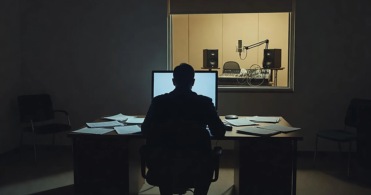 Silhouette at desk in office with studio visible through window, documents scattered, screen glowing