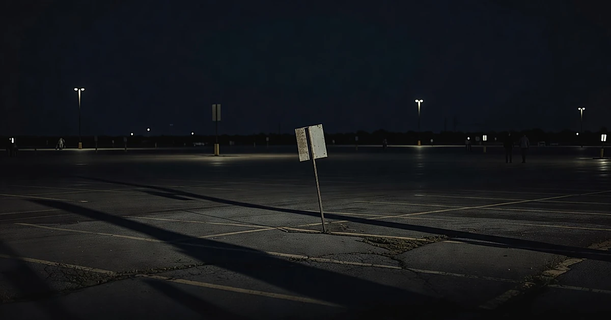 Empty parking lot at night with crooked blank campaign sign under dim streetlights casting long shadows