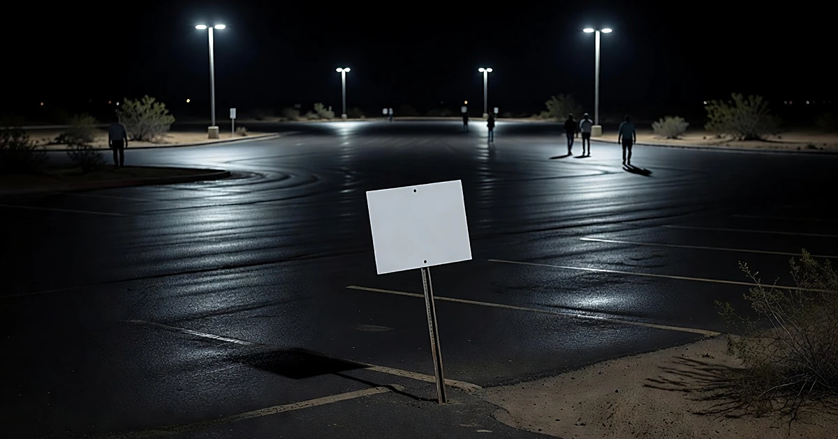 Empty parking lot at night with tilted campaign sign post under streetlights in desert setting