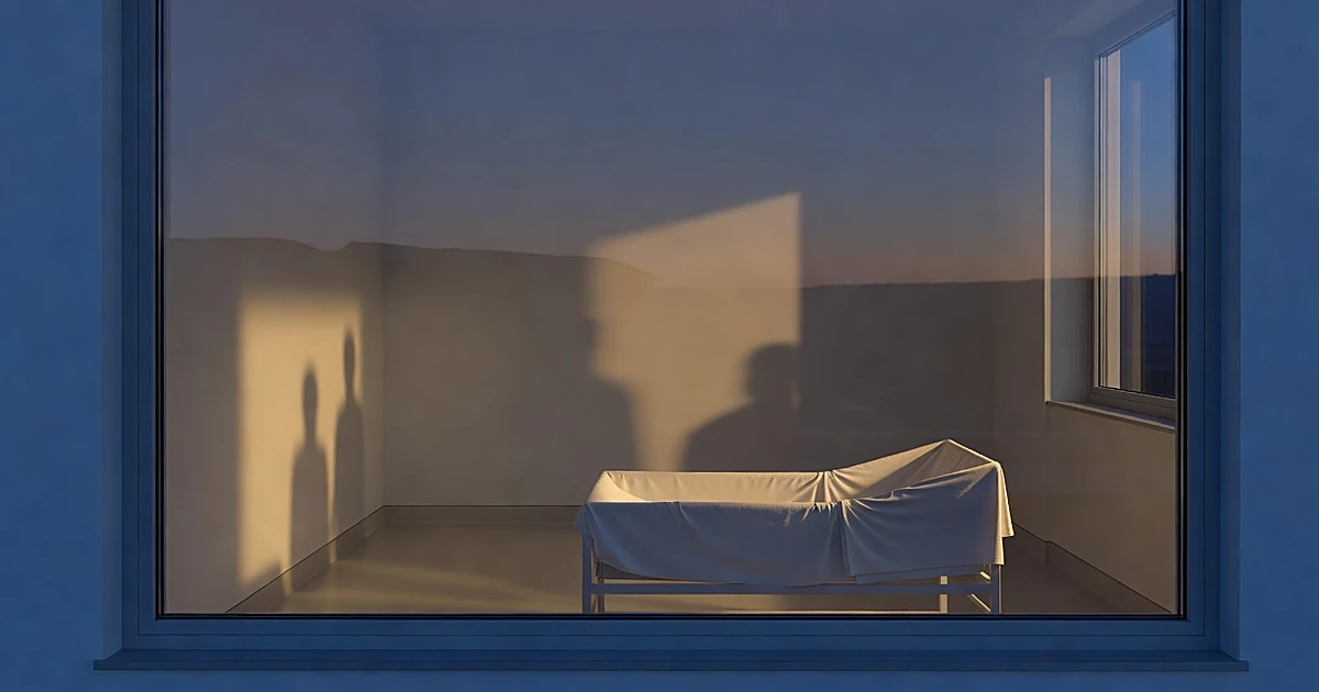Empty hospital bassinet near window at dusk with warm interior light against twilight sky