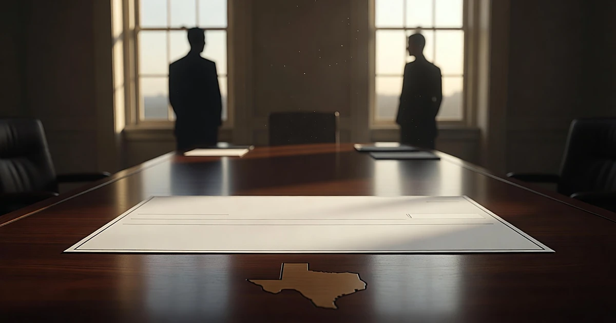 Blank check on desk with Texas outline decoration and two silhouetted figures in background