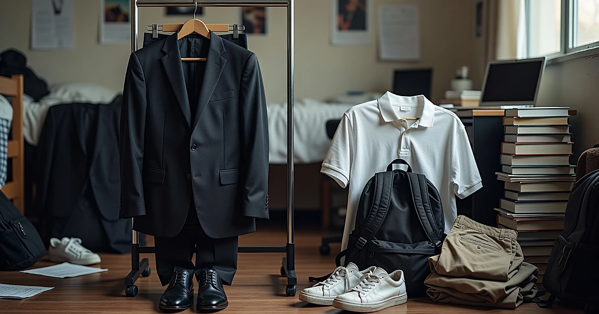 Split scene contrasting formal suit and dress shoes with casual polo shirt, backpack, and khakis on dorm floor