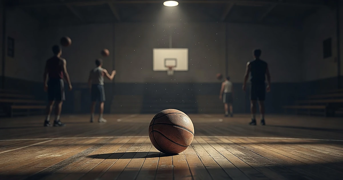 Vintage basketball on wooden gym floor with player silhouettes practicing in background under atmospheric lighting