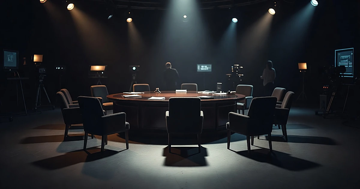 Empty television talk show set with vacant chairs and dramatic lighting creating shadows across the studio floor
